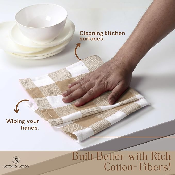 Buffalo Check 12 Pack Kitchen Towels, 16x26 Inches, Classic Farmhouse Plaid Dish Towel, 100% Cotton, Absorbent, Washable for Drying Dishes, Cleaning, Everyday Kitchen Use, Beige White
