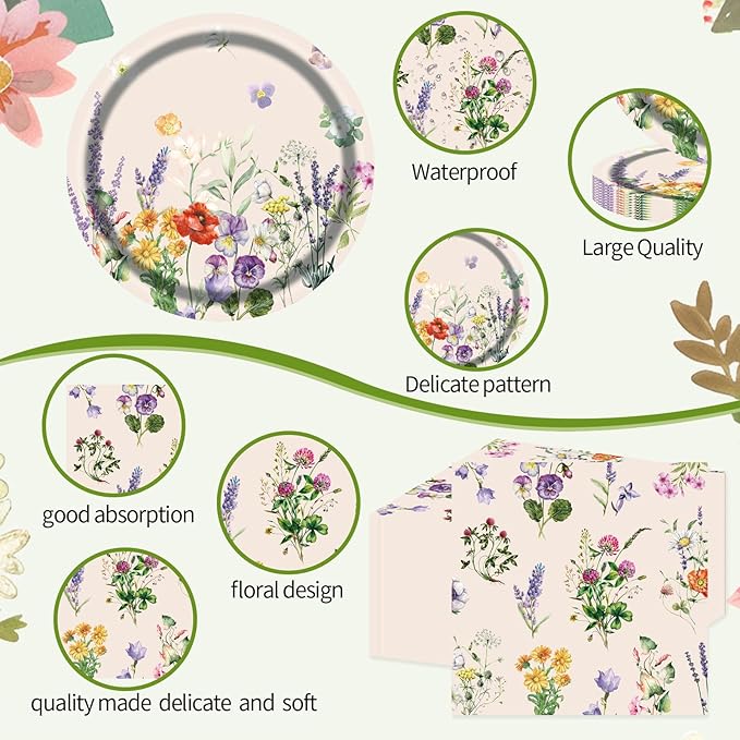 75pcs Floral Disposable Tableware Set, Spring Floral Paper Party Plates Napkins Forks Watercolor Flower Dinnerware Favors for Baby Shower Girls Women Birthday Tea Picnic Serve 25 Guests
