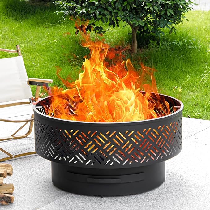 OutVue 26" Wood Burning Fire Pits with Grill & Lid, Fire Pit Table for Outside with Waterproof Cover & Fire Poker, Outdoor Firepit with Functions for BBQ,Table and Bonfire