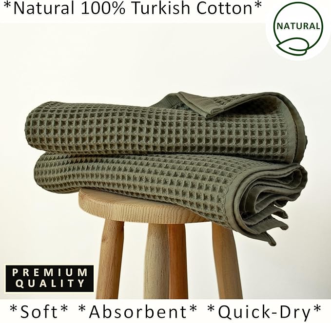 PÜSKÜL Natural 100% Turkish Cotton Waffle Bath Towels Set of 2-Piece | 32x63 inch Extra Large Absorbent Quick-Dry Lightweight Spa Towel | Honeycomb Weave Towel (Khaki Green Bath Towels - Pack of 2)
