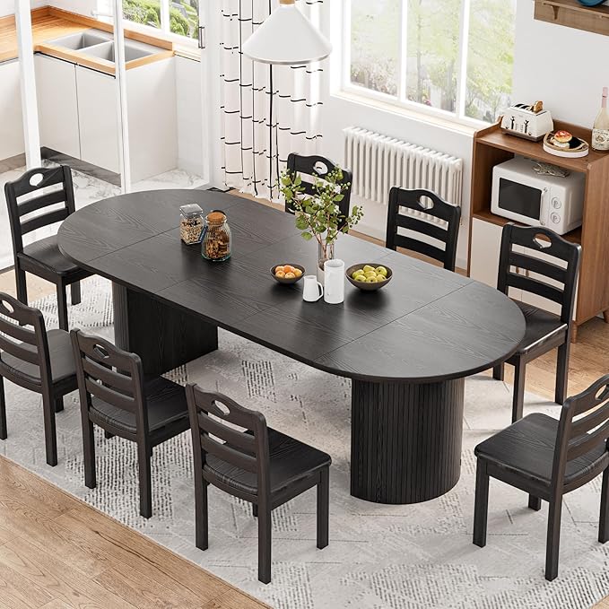 43-95 inch Long Round Extendable Dining Table for 4-10, Space Saving Oval Large Dinner Kitchen Table with 3 Leaf, 2 Storage, Fluted Mid Century Modern Dining Room Table for Living Room, Black