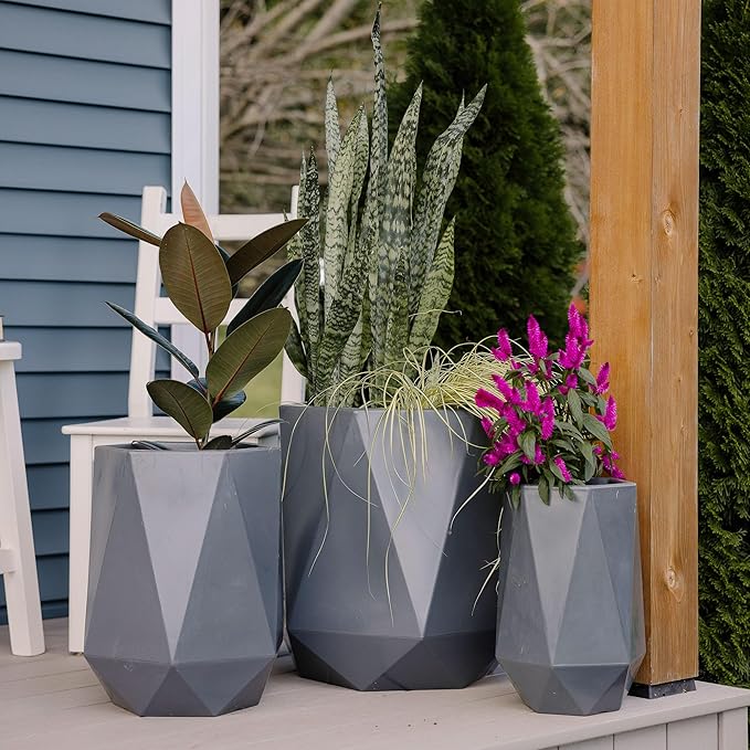 Beuta Large Planters for Outdoor Plants - Set of 3, 15.5/18/20 Inches Outdoor Planters for Porch - Tall Planter for Outdoor & Indoor Plants | Large Indoor Plant Pot - USA Made - Grey