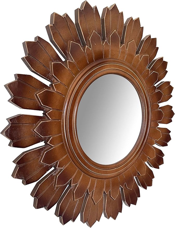 Wooden Wall Mirror, Rustic Wood Frame Mirror for Bathroom, Farmhouse, Bedroom, Entryway and Living Room, Modern Hanging Decorative Wall Mirror (Brown in Sunburst Shape)