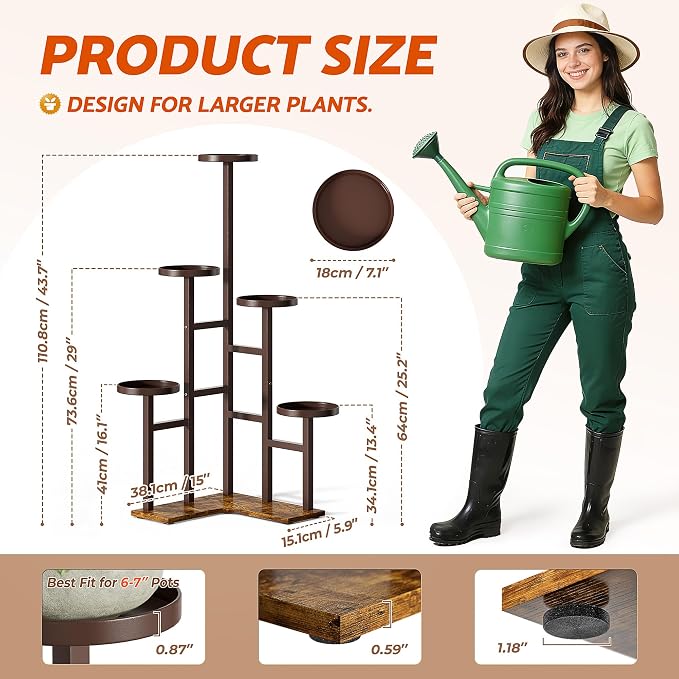 5 Tiered Corner Plant Stand with 7.1 Inch Wide Tray,Tall Plant Stand for Corner Indoor, Metal Plant Shelf Outdoor for Patio Office LivingRoom - BrownDisk