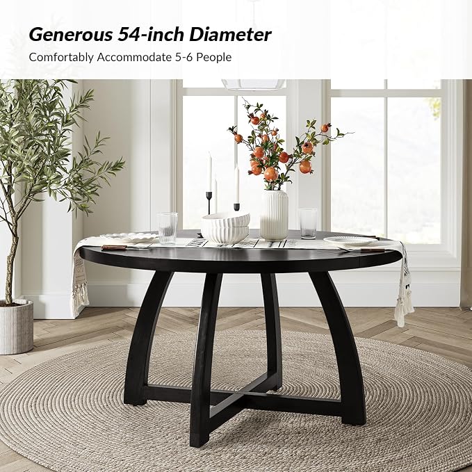 HULALA HOME 54 inch Round Dining Table for 6 People，Mid-Century Modern Solid Wood Circle Dinner Tables for Small Spaces Dining Room Living Room Kitchen, Black
