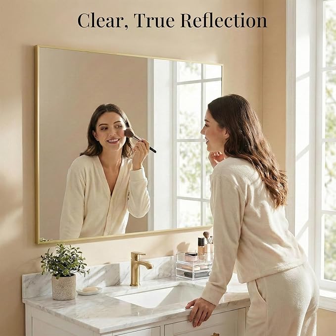 48"x36" Gold Landscape Bathroom Mirror for 48-60 inch Vanity, Shatterproof Tempered Glass, Narrow Metal Frame, Ultra-Flush Mount