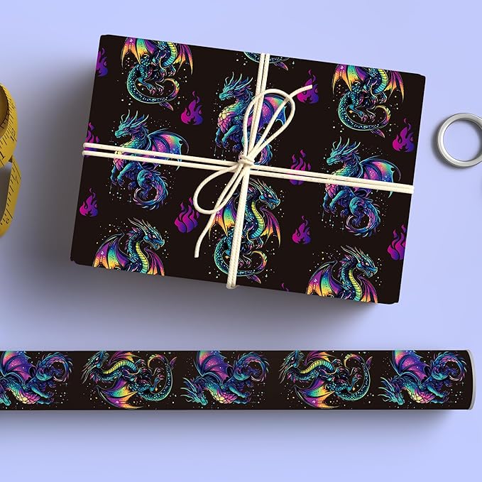 Altarho Dragon Wrapping Paper Roll for Kids Boys Women Men - Neon Dragon Print Mythic Gift Wrap Sheets for Birthday Adult Anime Party Supplies Total 28.5sq.ft