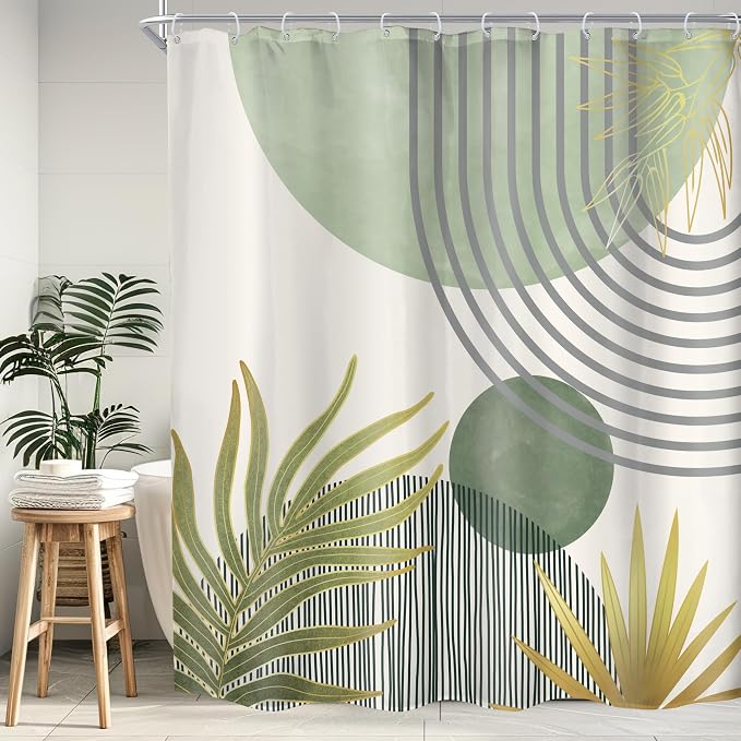KOMLLEX Mid Century Mint Green Boho Shower Curtain for Bathroom Decor 72Wx78H Inches Abstract Modern Plant Botanical Minimalist Arch Sun Neutral Fabric Waterproof Polyester 12 Pack Hooks