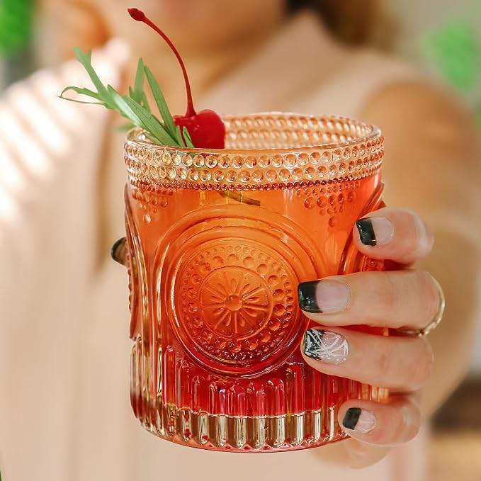 Ribbed Retro Arch Floral Rose Gold Drinking Glasses Set of 6, (10 oz) Vintage Glassware Set by Kate Aspen| Cocktail Glass Set, Juice Glass, Water Cups | Great Hostess Gift & Gift for New Home Owners