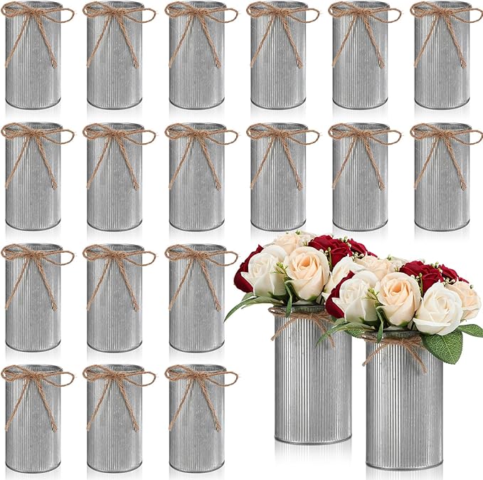 Domensi 5.91 in High Farmhouse Vase Decor Galvanized Metal Flower Vase with Twine Bow Vintage Rustic Tin Flower Buckets for Artificial Floral Table Container DIY(Iron Color,16 Pcs)