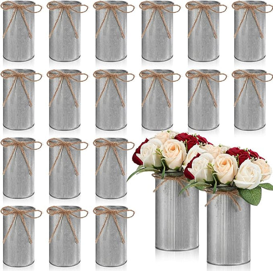 Domensi 5.91 in High Farmhouse Vase Decor Galvanized Metal Flower Vase with Twine Bow Vintage Rustic Tin Flower Buckets for Artificial Floral Table Container DIY(Iron Color,16 Pcs)
