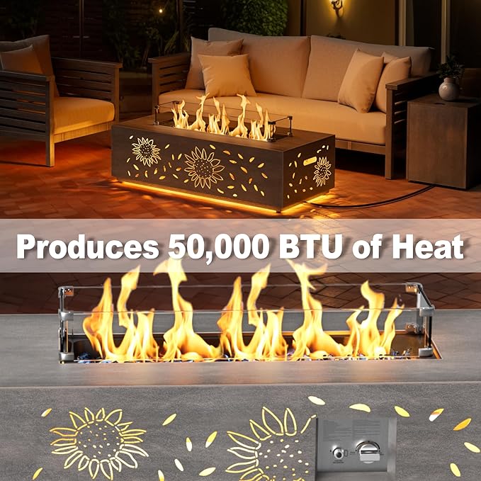 2-Piece 42" LED Rectangular Propane Fire Pit for Outside Patio with Hidden Tank Table, 50,000 BTU Fireplaces with Glass Wind Guard, Lid, Glass Rocks, Cover(Sunflower w/Warm Light)