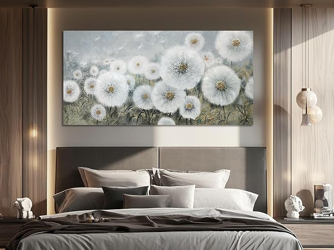 Ardemy Flower Wall Art Canvas Dandelion Painting White Floral Picture, Textured Large Framed for Living Room Bedroom Kitchen Dining Room Home Office Decor 48"x24"
