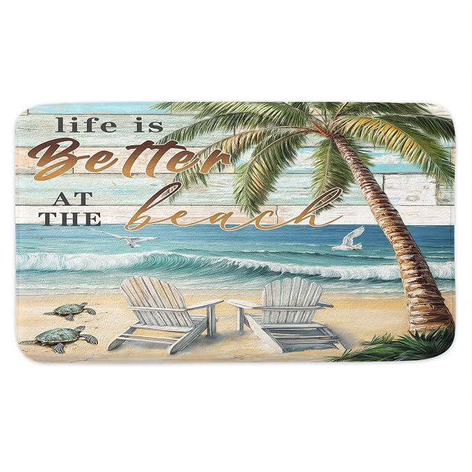 Beach Sea Turtle Seagull Palm Tree Ocean Bathroom Rugs Mat, Non Slip Rustic Beach Bath Rugs for Bathroom, Durable Rustic Wooden Flannel Mat Rug, Absorbent Water Mats for Laundry Room Kitchen,17X29