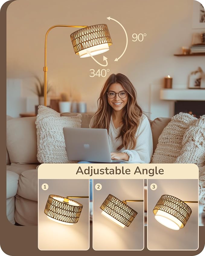 EDISHINE Rattan Floor Lamp for Living Room with Remote & Dimmable LED Bulb,63'' Mid Century Rattan Fabric Shade Standing Lamp with 5 Color Temperature, Farmhouse Boho Standing Lamp for Bedroom Office