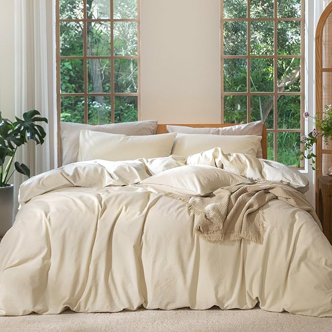 MooMee Bedding Duvet Cover Set 100% Washed Cotton Linen Like Textured Breathable Durable Soft Comfy (Heathered Almond Milk Grey, Super King 108"x98")