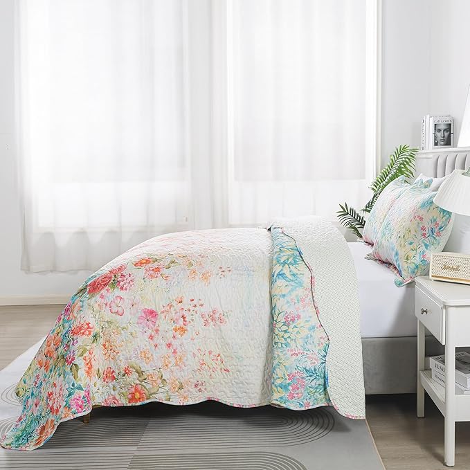 HoneiLife King Quilt Bedding Set - Floral Quilt Sets 3-Piece,Wildflower Bedspreads for King Bed, Microfiber Coverlets Botanical Bed Cover Quilt King Size All Season Quilts-Dream Garden,Coral Pink