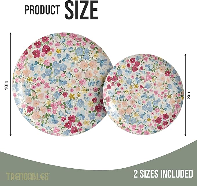 Trendables Floral Paper Plates 8.5 Inch & 10.5 Inch 40 Pcs Dinner Plate Set Fancy Disposable Plates for Party for 20 Guests 20 X 8 & 20 X 10 Large & Small Paper Plate Set for Parties Meadow