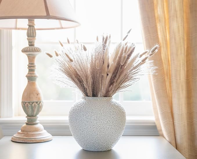 CozyWel White Ceramic Vase Flower Vase, Big Textured Round Vase for Centerpieces, Kitchen, Living Room, Bedroom Decor Gifts