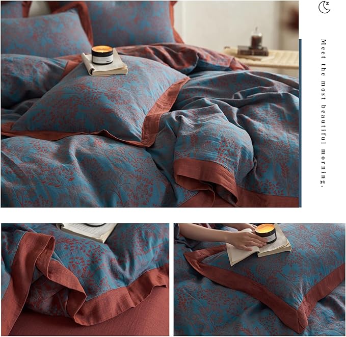 VM VOUGEMARKET Jacquard Duvet Cover Set King,Yarn-Dyed Cotton Blue Red Tree Leaves Duvet Cover Bordered,Reversible Farmhouse Style Bedding Set King