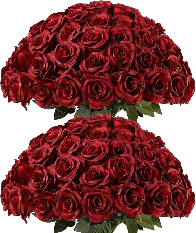 Kisflower 60 Pcs Burgundy Roses Artificial Flowers Bulk, Maroon Flowers Artificial Silk Roses with Stems for Decoration DIY Wedding Bouquet Bridal Shower Party Home Table Centerpieces Decor (Burgundy)