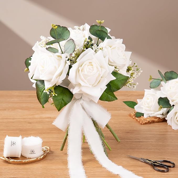 DORIS HOME White Chiffon Ribbon for Flower Bouquet, 1" x21Yd Fabric Ribbon for Gift Wrapping, Handmade Frayed Ribbon for Wedding Invitations/Christmas Decorations
