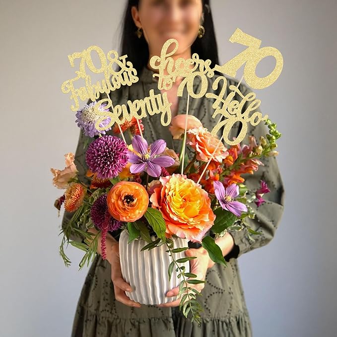 Gyufise 15Pcs 70th Birthday Centerpiece Sticks Seventy Happy 70th Table Flower Centerpieces Sticks Cheers to 70 Floral Decorations for 70th Birthday Party Centerpieces Supplies Gold