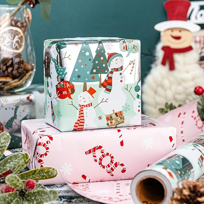 MAYPLUSS Snowman Christmas Wrapping Paper, Metallic Foil Reversible Winter Wonderland Festive Gift Wrap with Snowmen and Candy Cane Design for Present, Holiday Gift Packaging (17 Inch X 33 Feet)