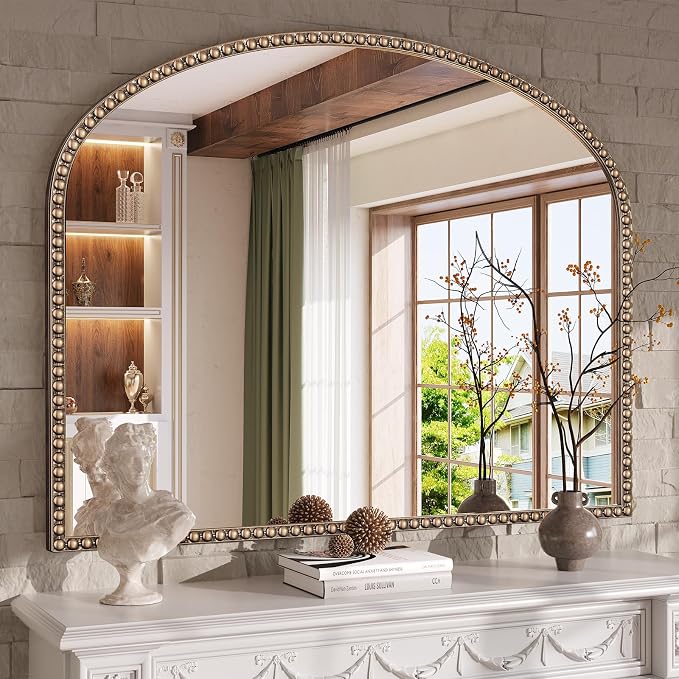 Arched Antique Gold Mirror with Beaded, 28"x36" Decorative Wall Mirrors, Champagne Bronze Brass Frame Vintage Mirror for Bedroom Dressing Room Entryway Fireplace