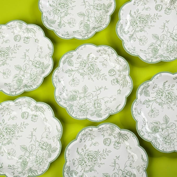 Green Floral Party Plates Vintage Floral Leaf Disposable Paper Plates Wildflower Sage Green Toile 7" Scalloped Rim Dessert Plates for Christmas Birthday Bridal Tea Party Supplies (24)