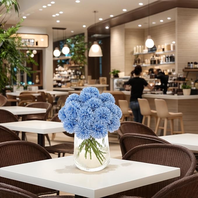 Kimura's Cabin 20Pcs Blue Fake Flowers Chrysanthemum Artificial Silk Ball Flower Faux Mums Flowers for Wedding Arrangements Bouquets Home Table Core DIY Decoration (Blue)
