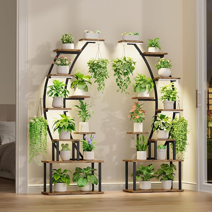 BACEKOLL Plant Stand Indoor with Grow Lights, 63" Tall Indoor Plant Shelf, 9 Tiered Corner Plant Holder, Large Flower Display Shelf for Living Room, Bedroom, Office, Home Decor