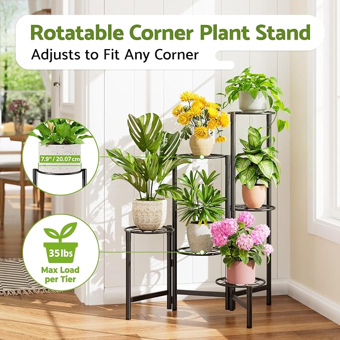 6 Tier Metal Plant Stands Outdoor Indoor, Heavy Duty Flower Pot Holder Potted Display Rack Shelf, Tall Corner Plant Shelf for Patio Garden Balcony Living Room Bedroom -BlackDiamond