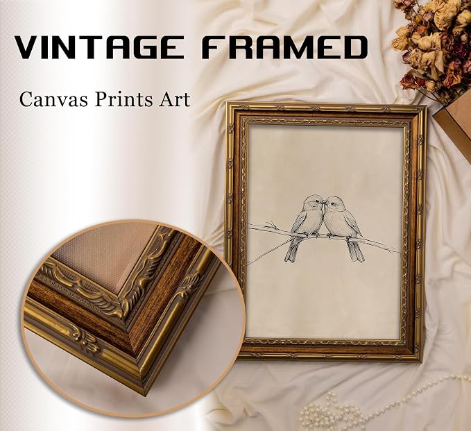 Vintage Gold Framed Bird Canvas Wall Art Two Birds Sketch Wall Decor Vintage Farmhouse Sketch Animals Artwork Retro Birds Painting Retro Rustic Print for Farmhouse Bedroom Living Room 9X11in