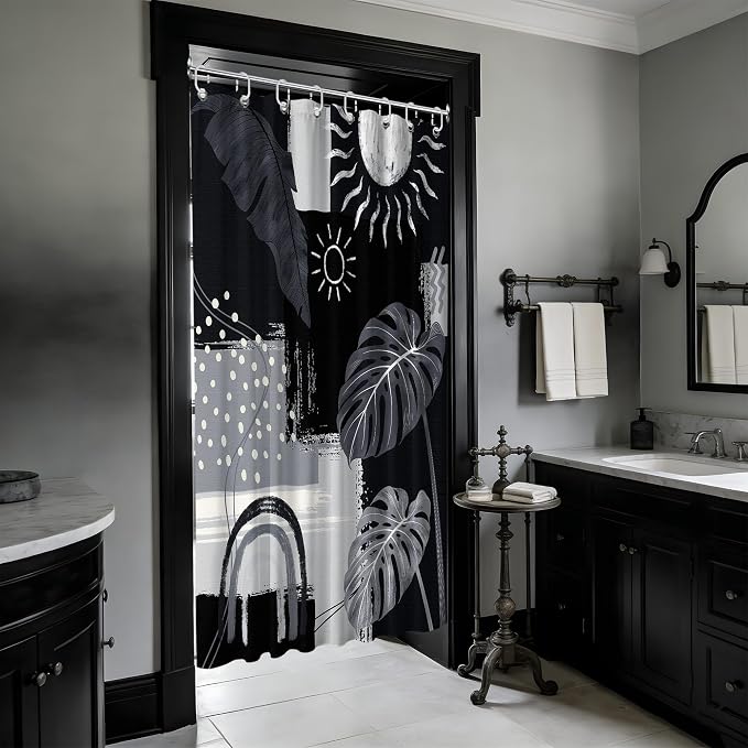 Small Stall Narrow Shower Curtain Black and Gray Stand Up Dark Black and Grey Abstract Shower Curtains for Rv Camper Bathroom Decor Sets, Waterproof Cloth Fabric with Hooks, 48 x 72 Inch
