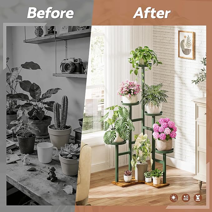 5 Tiered Plant Stand Indoor with 7.1 Inch Wide Tray, Corner Metal Stand Plant Outdoor Flower Holder Stand, Wood Tall Rack for Display Shelf for Patio Porch Office - GreenDisk