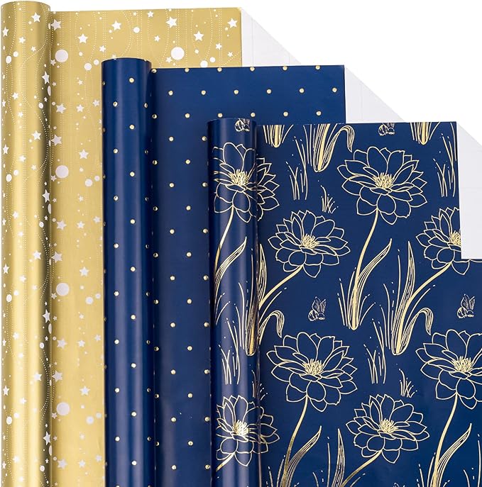 LeZakaa Floral Wrapping Paper Roll, Luxury Metallic Gift Wrap with Floral, Stars & Polka Dot Design for Mothers Day, Wedding, Bridal Shower, Birthday, Anniversary, 17 x 120 inches, 3 Rolls, Mini Roll