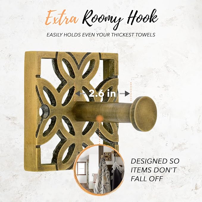 Autumn Alley Two Brass Hooks, Bathroom Towel Hook, Robe Hook Wall Mounted - Decorative Wall Hooks for Towel, Robe, Cast Coat and Door Hook for Bathroom Modern Unique Style, 2 Pack