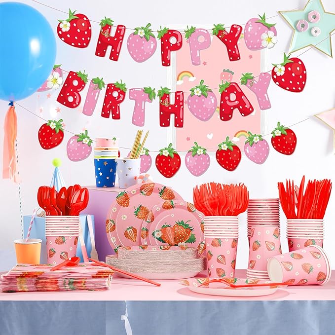 350 PCS Strawberry Party Decor Supplies, Disposable Pink Paper Plates Napkins Knives Forks Cups Dinnerware Set, Sweet Tableware Kit for Baby Shower Girl Birthday Party Christmas Decor, Serves 50