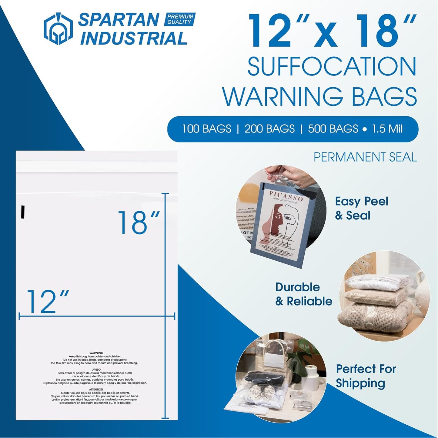 Spartan Industrial - Self-Seal Clear Poly Bags | 12" X 18" | 500 Count with Suffocation Warning