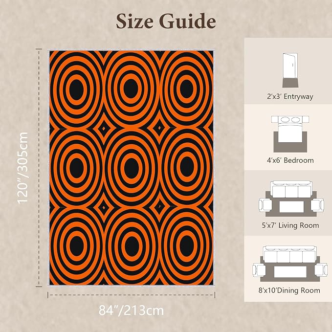 Retro Rings Area Rug 7x10, Optical Geometric Circle Rug, Bold Retro Pattern Carpet for Living Room Bedroom, Non Slip Soft Area Rug