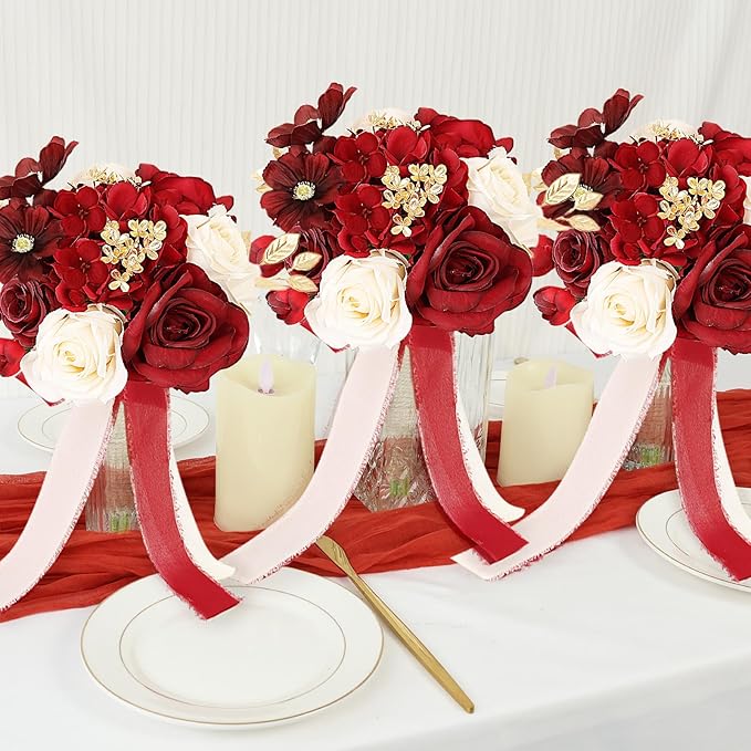 Set of 6 Bridesmaid Bouquets for Wedding - 9 Inch Luxury Artificial Flowers Bouquets for Ceremony Anniversary Centerpieces Decorations - Burgundy & Gold & White