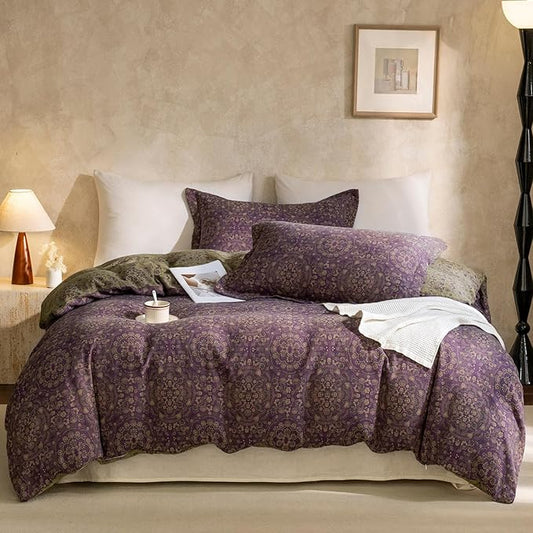 VM VOUGEMARKET Purple Flower Duvet Cover Set King,Yarn-Dyed Cotton Jacquard Textured Boho Medallion Bedding Set,Retro Reversible Green Floral Duvet Cover with Zipper Ties
