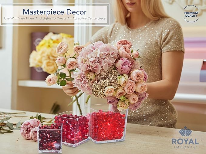 Royal Imports Clear Acrylic Flower Vase Cube – 4"x4" Plastic Square Vase for Flowers – Unbreakable Decorative Centerpiece for Home, Wedding, or Events – Clear Large Look, Modern Design