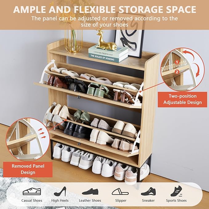 LEVNARY Shoe Cabinet Set of 2, Wooden Narrow Shoe Racks Cabinet Storage with 2 Flip Drawers, Hidden Freestanding Shoe Organizer for Hallway, Entryway, Home (2, Natural Oak)