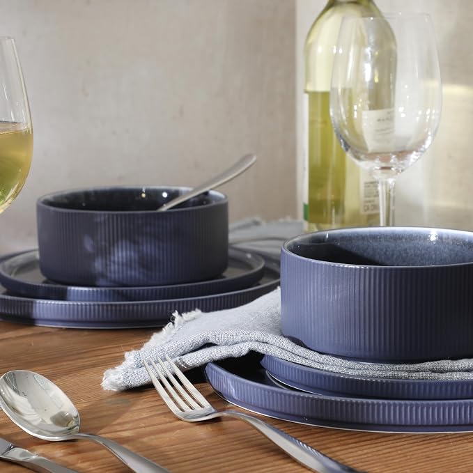Gibson Elite Redrock Canyon 12-Piece New Bone China Dinnerware Set Service for 4, Reactive Glaze Plates and Bowls, Dishwasher and Microwave Safe, Navy Blue