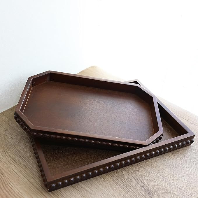 Hrastany Wood Decorative Tray, Distressed Outdoor Serving Tray with Wooden Bead for Ottoman, Coffee Table, Entertaining, Home Decor, Rectangular 15.7”*11.8”*1.57” (Dark Brown)