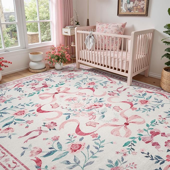 DCX Washable 8x10 Bow Rug, Pink Floral Rug for Girls’ Bedroom, Cute Soft Low Pile Indoor Décor Carpet, Kid & Pet Friendly Nursery Rug for Living Room, Dorm, Playroom