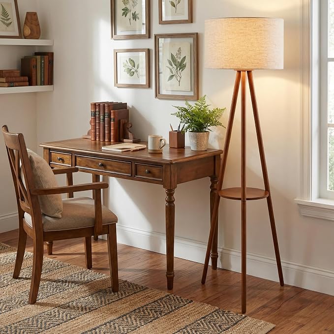 Modern Floor Lamp with White Drum Shade, Wood and Metal Construction, Adjustable Height, for Living Room, Bedroom, Office