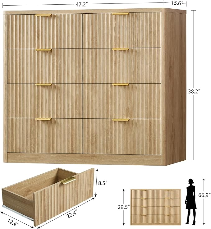 TEENOFN Fluted Dresser for Bedroom with 8 Drawers, 47.2" Wide Modern Chest of Drawers with Metal Handle, Dresser TV Stand, Wood Closet Clothes Storage Organizer for Living Room, Hallway, Natural